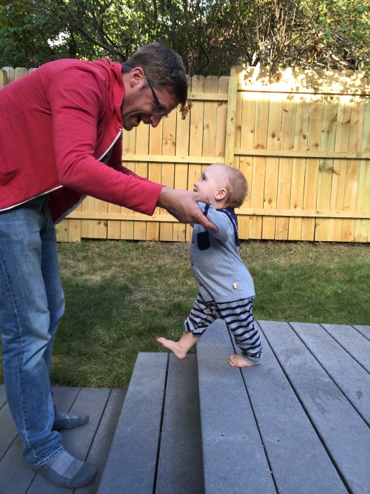 Practicing walking up and down stairs with Mike